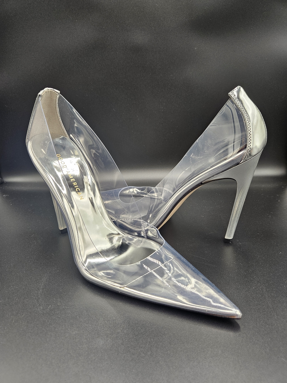 Good American Clear PVC Stiletto Heels Silver Pointed Toe Pumps Size 9.5